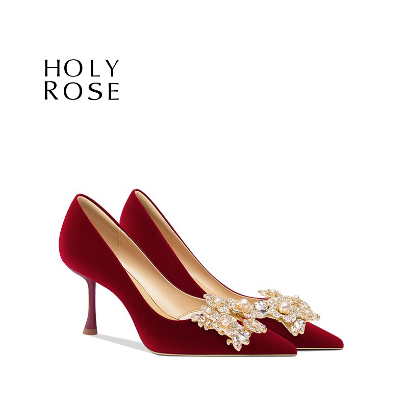 圣洁玫瑰红色水钻尖头高跟婚鞋