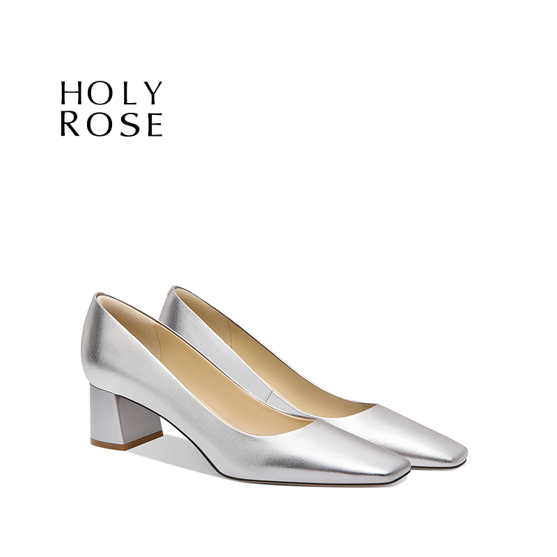 圣洁玫瑰银色方头粗跟通勤单鞋