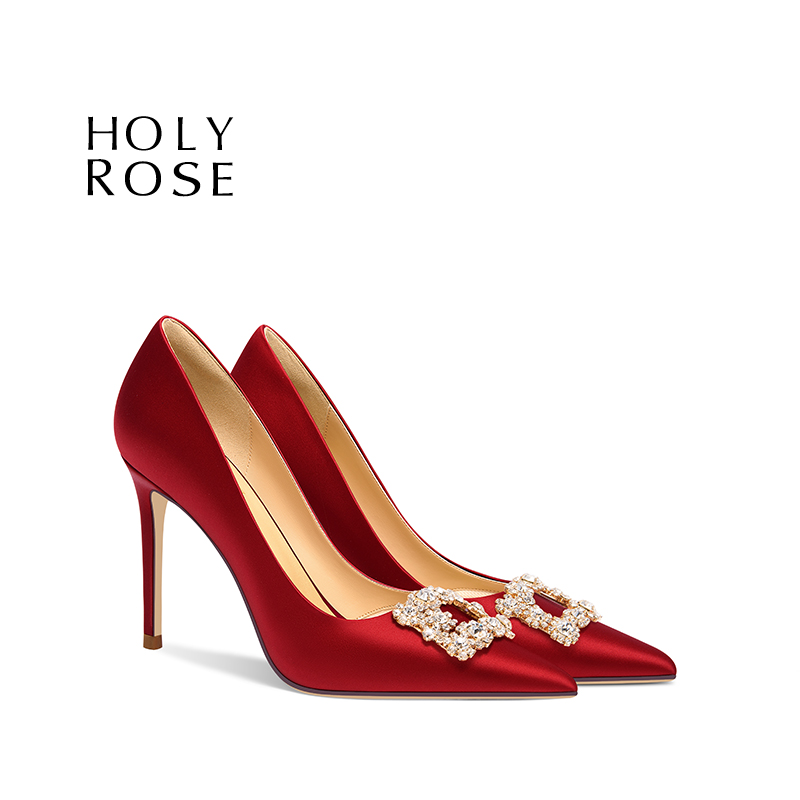圣洁玫瑰红色缎面尖头水钻婚鞋