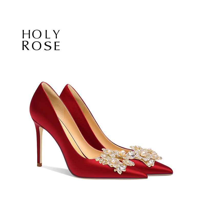 圣洁玫瑰红色水钻新娘婚鞋不累脚