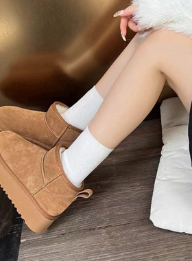 小码女鞋313233厚底雪地靴女短筒羊毛一脚蹬小个子增高加绒加厚34