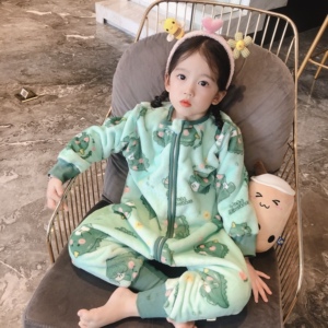 儿童秋冬法兰绒睡袋男童恐龙家居服女童草莓居家连体睡衣宝宝卡通
