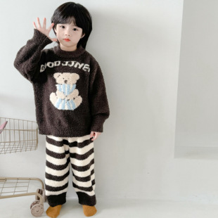 高级洋气亲子睡衣儿童秋冬半边绒家居服男女孩加绒保暖居家外出服