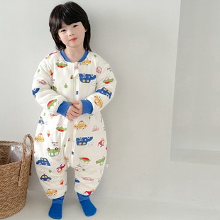 宝宝纯棉小汽车睡袋秋冬儿童恒温小恐龙连体睡衣男女童卡通防踢被