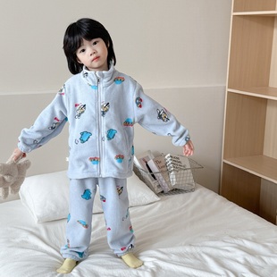 怕冷星人全靠它~儿童卡通法兰绒睡衣套装男童拉链外套女童家居服
