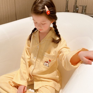 中大童开衫 儿童纯棉睡衣100%全棉男童秋冬家居服女童春秋长袖 长裤