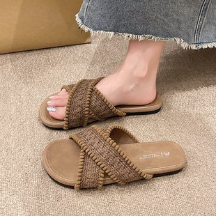 韩式 小香平底交叉凉拖鞋 女夏外穿2025时尚 百搭休闲度假沙滩凉鞋