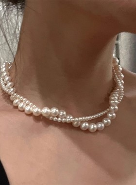 胖东来法式复古双层珍珠项链女高级感气质缠绕锁骨链小众设计感百