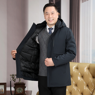 中老年爸爸装鹅绒服可脱卸男士老人加大码厚款羽绒服冬季鹅绒外套