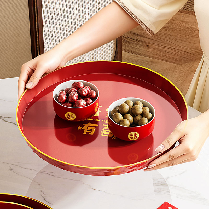 结婚红色圆形喜糖盘婚庆用品新人敬酒敬茶托盘客厅茶几放茶水杯盘