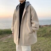 中长款 高级感连帽呢子风衣加厚潮牌情侣宽松外套 毛呢大衣男秋冬装