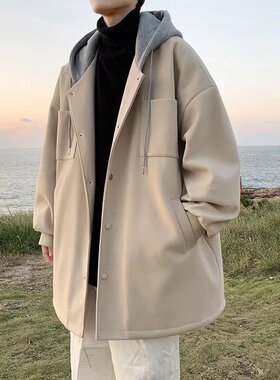 中长款毛呢大衣男秋冬装高级感连帽呢子风衣加厚潮牌情侣宽松外套