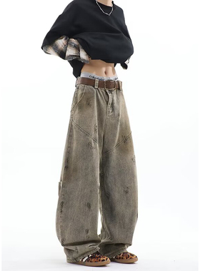 2026春夏季美式复古水洗做旧脏染阔腿牛仔裤男废土风青年弯刀裤潮