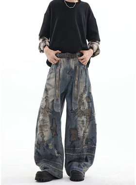 重工乱针刺绣廓形弯刀牛仔裤男美式春季炸街水洗做旧阔腿嘻哈长裤
