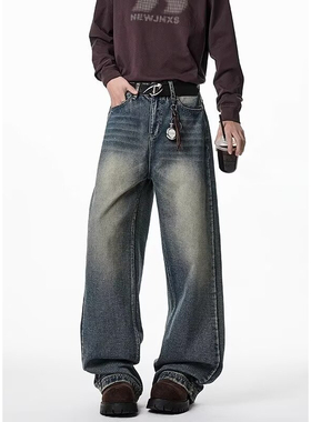 美式复古直筒牛仔裤男春季潮牌水洗做旧阔腿长裤高街宽松百搭裤子