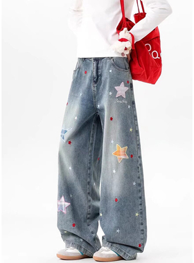2026春季美式潮牌星星贴布刺绣直筒牛仔裤男宽松潮流情侣百搭长裤