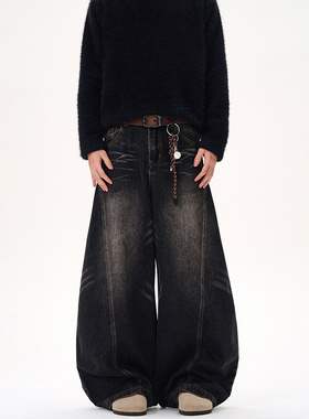 oversize垂感弯刀工装长裤男女潮牌美式vibe高街直筒阔腿牛仔裤男