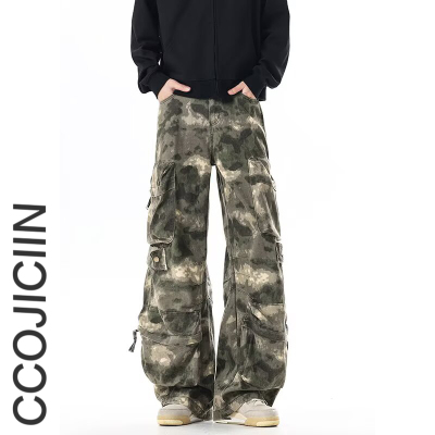 工装风多口袋迷彩牛仔裤男女秋冬季宽松潮牌街头痞帅阔腿长裤百搭