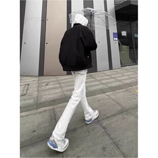 国潮高街白色休闲百搭微喇牛仔裤男夏季新款潮流弯刀裤显瘦长裤子