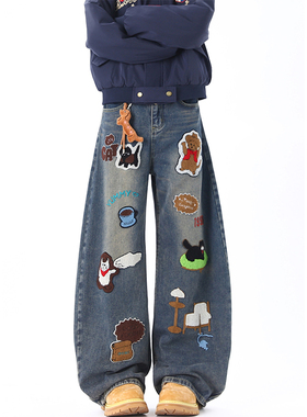 美式卡通贴布绣牛仔裤男春复古水洗宽松阔腿裤子高街设计感弯刀裤