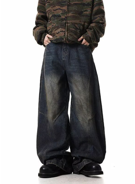 2026美式复古做旧擦色明线弯刀牛仔裤男女新款宽松直筒水洗裤子男