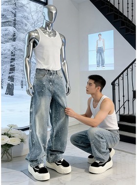 美式高街烫钻牛仔裤男满天星直筒阔腿弯刀裤子潮牌痞帅炸街微喇裤