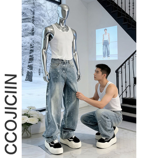 子潮牌痞帅炸街微喇裤 男满天星直筒阔腿弯刀裤 高街烫钻牛仔裤 美式