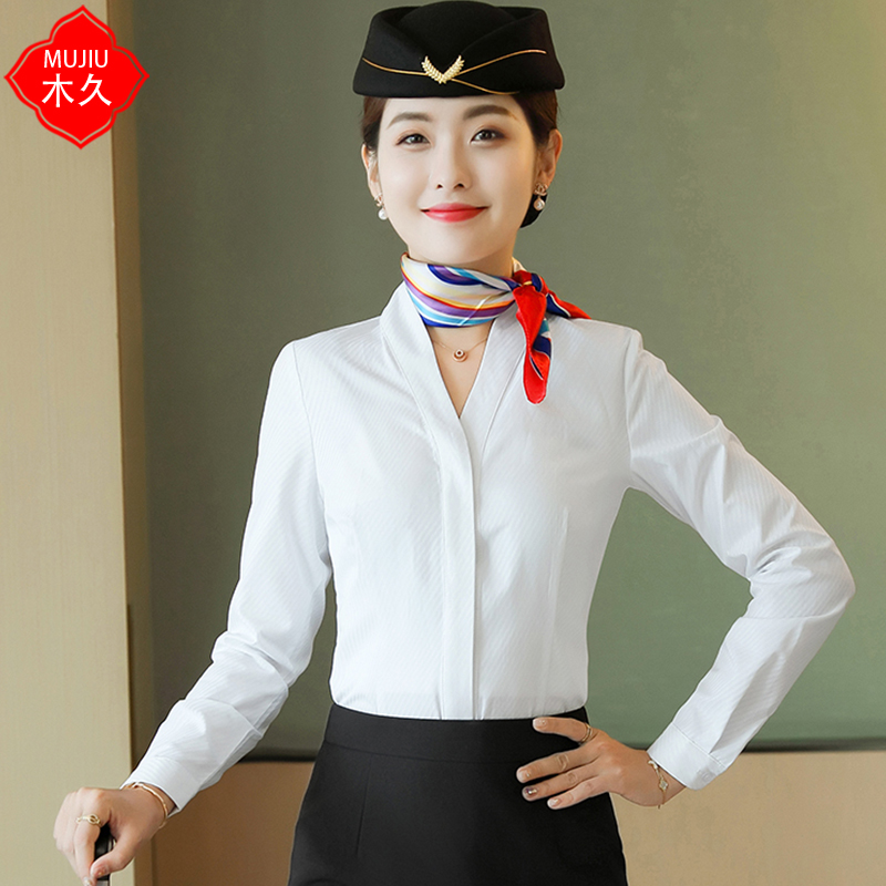 酒店前台工作服女长袖衬衣美容师收银餐饮服务员ktv职业套装女新