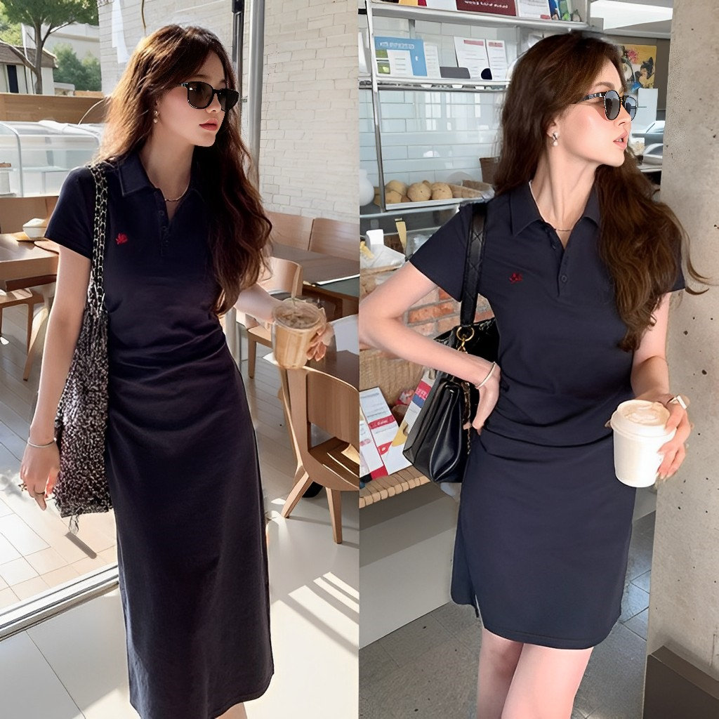 夏季女polo领短袖连衣裙减龄中长款T恤长裙短裙休闲收腰学院风