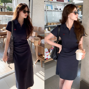 夏季女polo领短袖连衣裙减龄中长款T恤长裙短裙休闲收腰学院风