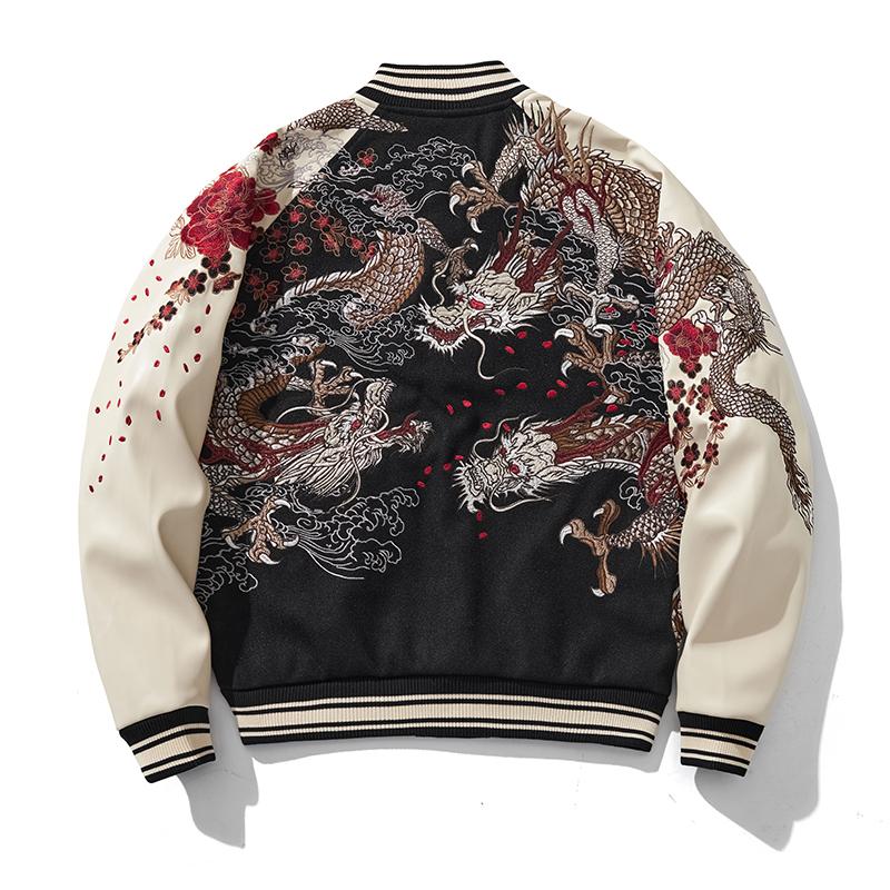 SUKAJAN横须贺三龙刺绣PU皮袖夹克外套男女中国风棒球服外套春秋