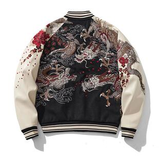 SUKAJAN横须贺三龙刺绣PU皮袖夹克外套男女中国风棒球服外套春秋