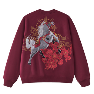 sukajan红色中国风国潮重工刺绣马年圆领套头男女加绒卫衣生肖马