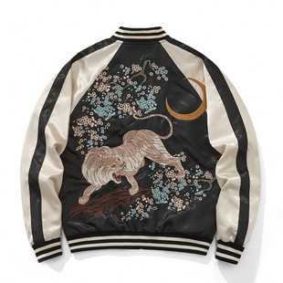 Sukajan新款横须贺老虎刺绣棒球服男生夹克外套缎面春秋上衣国潮