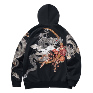 新款横须贺中国风青龙刺绣秋冬男士连帽开衫卫衣国潮外套ins纯棉