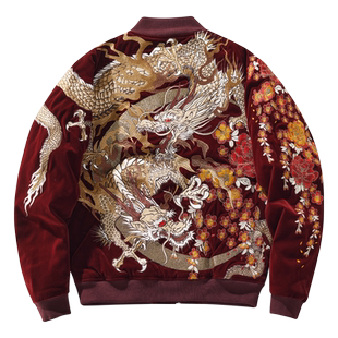 2025群龙平绒刺绣龙年货红色中国风个性重磅男女外套棒球服夹克