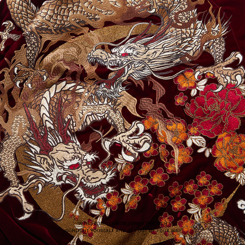 QUNLONG VELVETEEN EMBROIDERY 2024 YEAR OF THE DRAGON GOODS RED CHINESE STYLE PERSONALITY HEAVY MENS AND WOMENS COTTON JACKET BASEBALL UNIFORM