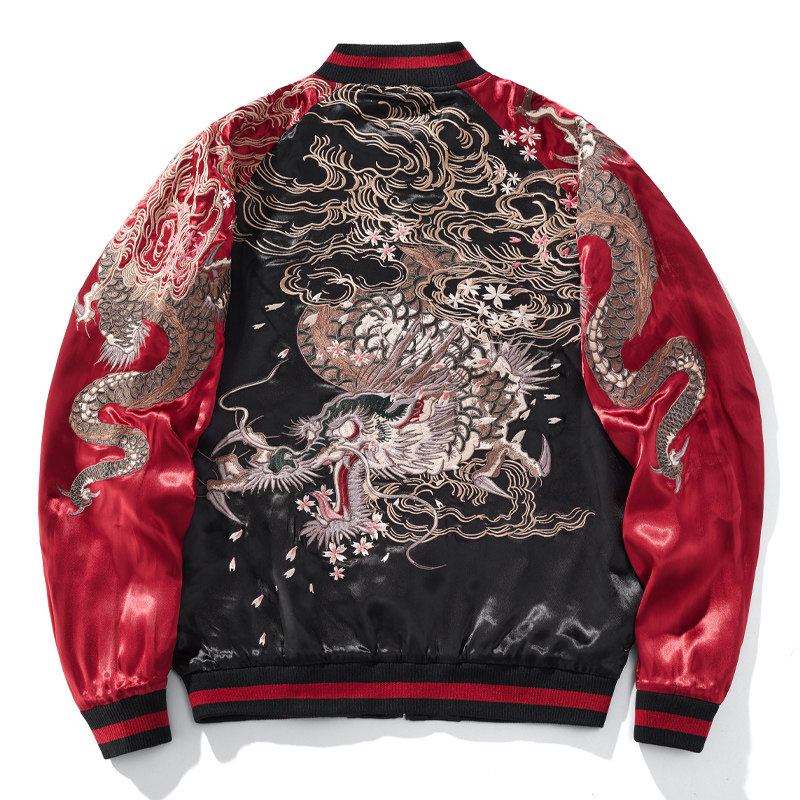 QUNLONG VELVETEEN EMBROIDERY 2024 YEAR OF THE DRAGON GOODS RED CHINESE STYLE PERSONALITY HEAVY MENS AND WOMENS COTTON JACKET BASEBALL UNIFORM