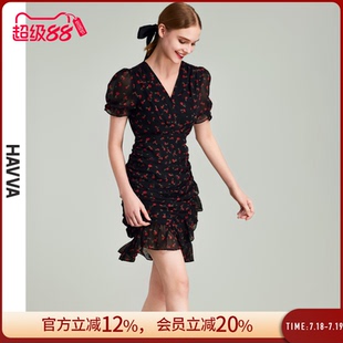 設計感裙子2025夏季 HAVVA法式 v領碎花短款 連衣裙女士修身 21390