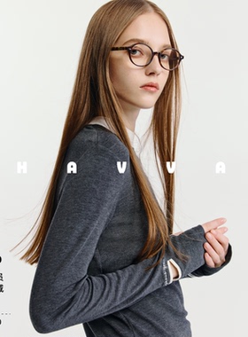HAVVA撞色设计假两件圆领长袖T恤弹力舒适女上衣2025秋冬T3-5010