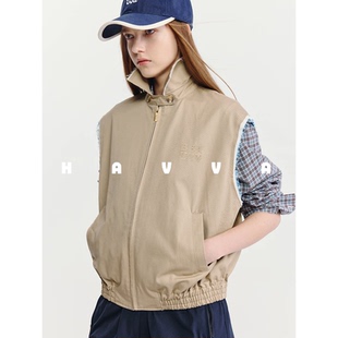 HAVVA格纹拼接翻领马甲宽松减龄易搭女士马夹上衣2026春季J3-4992