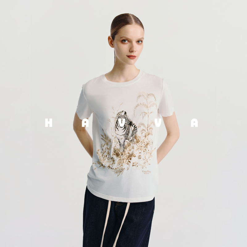 HAVVA精梳双股长绒棉圆领T恤休闲舒适女士短袖2025夏季T3-3494
