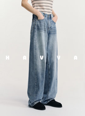 HAVVA水洗磨白宽松阔腿弯刀牛仔裤女士香蕉裤2026年春季KN3-5759