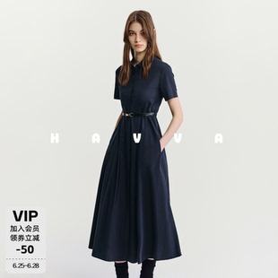 HAVVA衬衫式短袖翻领连衣裙中长款配腰带女士裙子2026夏季Q3-3693