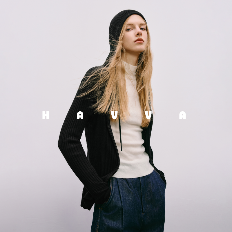 HAVVA双开拉链连帽针织开衫舒适内搭打底女士毛衣2026春季L12891