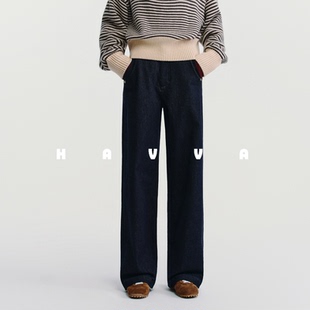 HAVVA高腰阔腿加绒加厚牛仔裤显腿长女士裤子2025年冬季KH3-5194