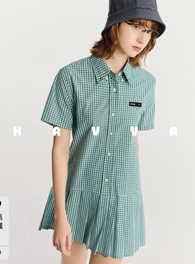 HAVVA学院风格纹短袖单排扣衬衫式女士百褶连衣裙2026夏季Q3-6548