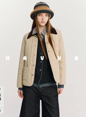 HAVVA撞色翻领菱格衍缝棉衣外套多口袋女休闲上衣2025秋冬A3-2553