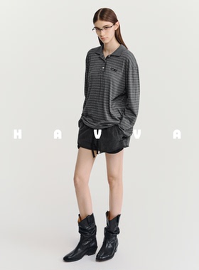 HAVVA廓形条纹Polo领长袖T恤落肩袖女士打底上衣2026春季T3-4334