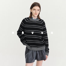 HAVVA不费心穿搭宽松撞色条纹毛衣落肩袖女士针织衫2025冬M3-4589